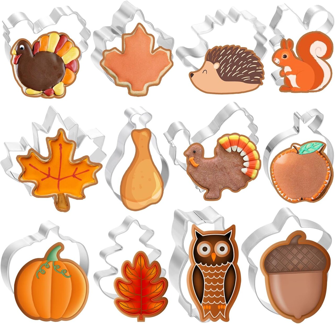 Thanksgiving Cookie Cutters Set – 12 Pcs Pumpkin Turkey Maple Leaf Squirrel Fall Shapes